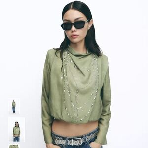 Zara Sage Green Chain Embellished Blouse